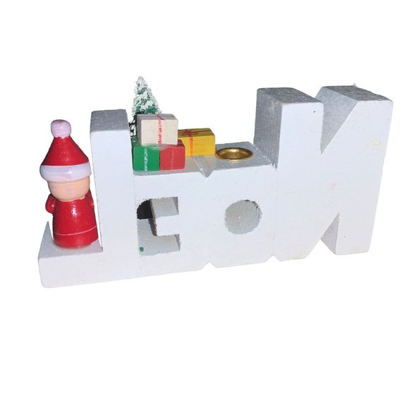 VINTAGE WOOD NOEL CANDLE HOLDER WITH BOTTLEBRUSH TREE SANTA decor - Picture 9 of 10